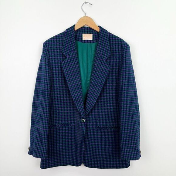 Pendleton Women’s Single Button Green Purple Houndstooth Navy Shell Blazer Jacke - Picture 1 of 11
